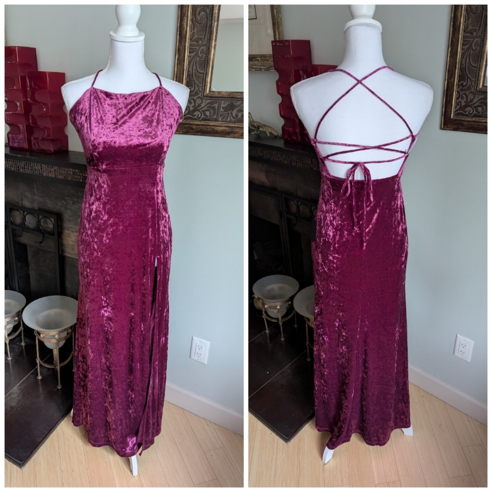 NEW Lulu's Women's XS/S Wine Red Crushed Velvet Slit Maxi Dress Lace Up Back 172